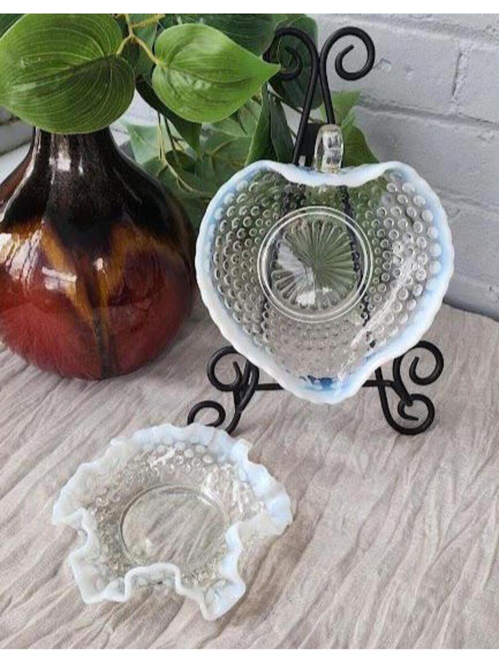 Vintage Fenton Hobnail Milk Glass Dish Set | Heart Bowl + Ruffled Dish